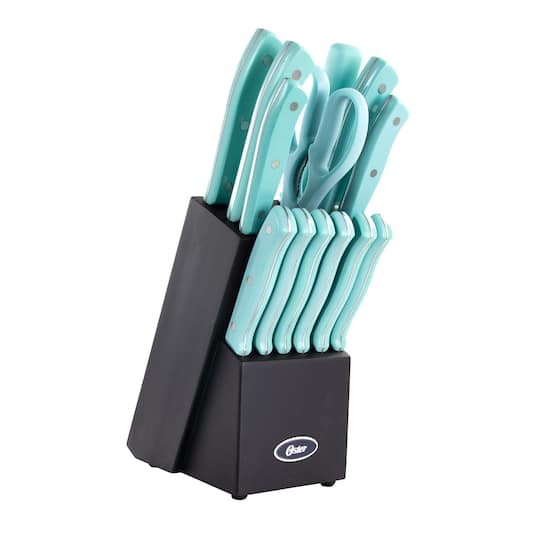 Oster Steffen 14-Piece Blue Stainless Steel Cutlery Set with Storage Block